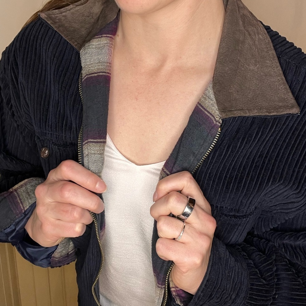 Denim & Co Vintage Corduroy Barn Coat Chore Jacket Navy Plaid Suede Collar Sz M - Picture 5 of 12